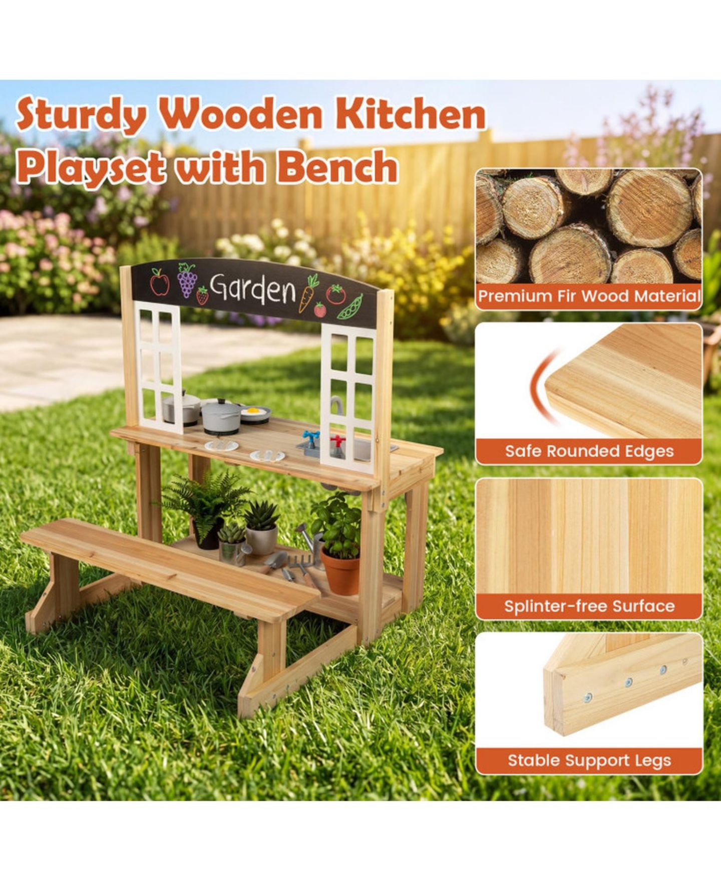 Детский игровой набор HONGGE Wooden Outdoor 2-in-1 Mud Kitchen Playset, Ages 3+, цвет: Натуральный — фото 7