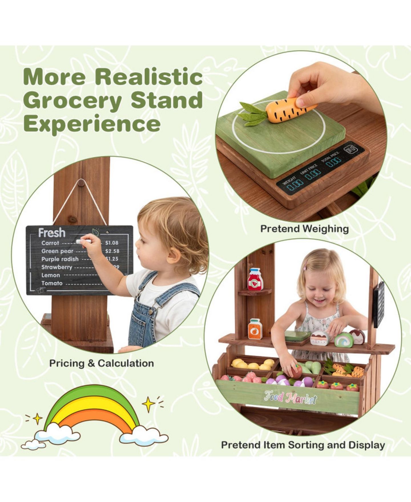 Детский игровой набор HONGGE Wooden Kids Grocery Store Playset with Chalkboard and 43 Pieces, цвет: Коричневый / Зелёный — фото 6