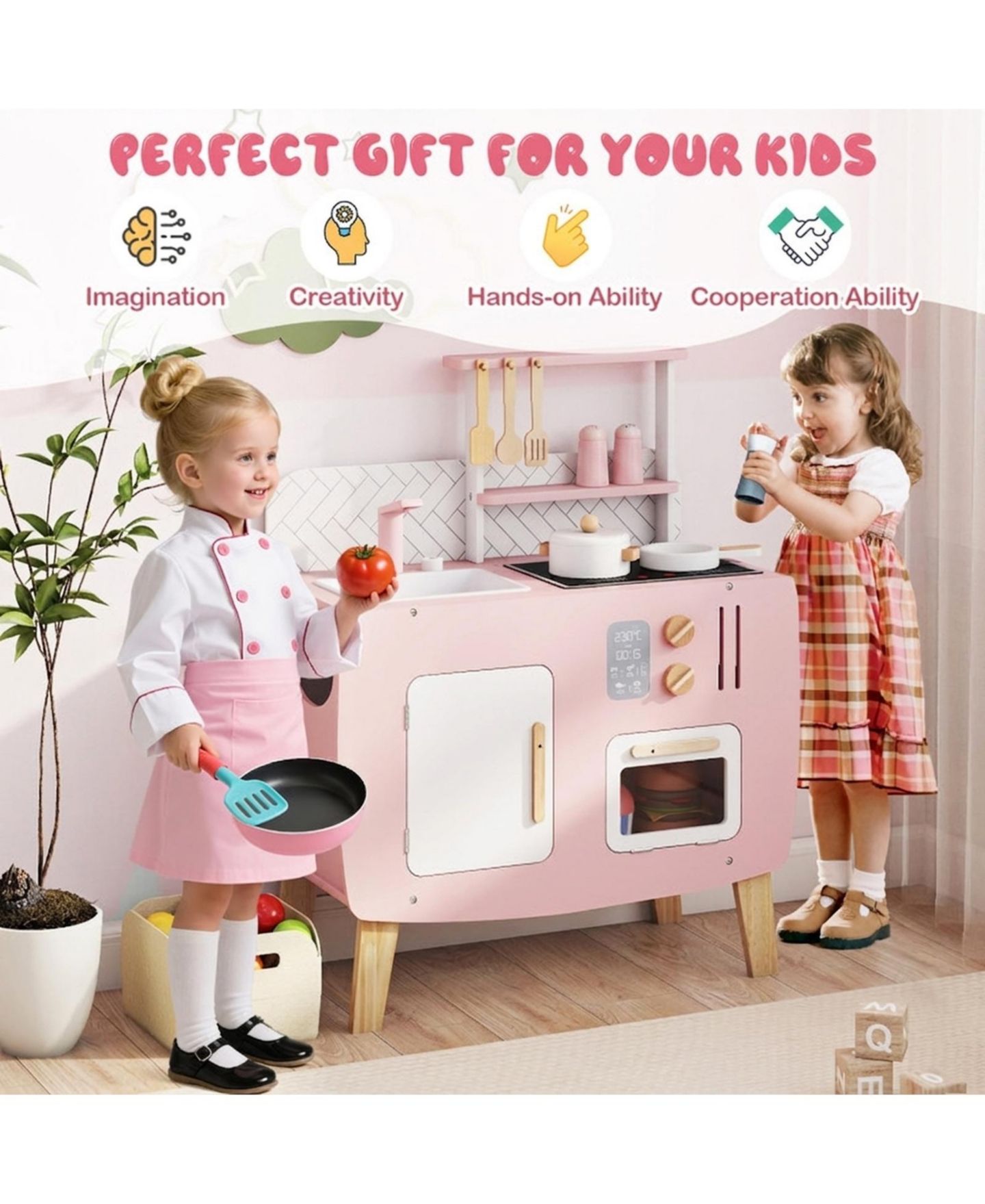 Детские игрушки HONGGE Four-Station Wooden Play Kitchen, 7-Piece Set, Ages 3+, цвет: Розовый / Белый — фото 9
