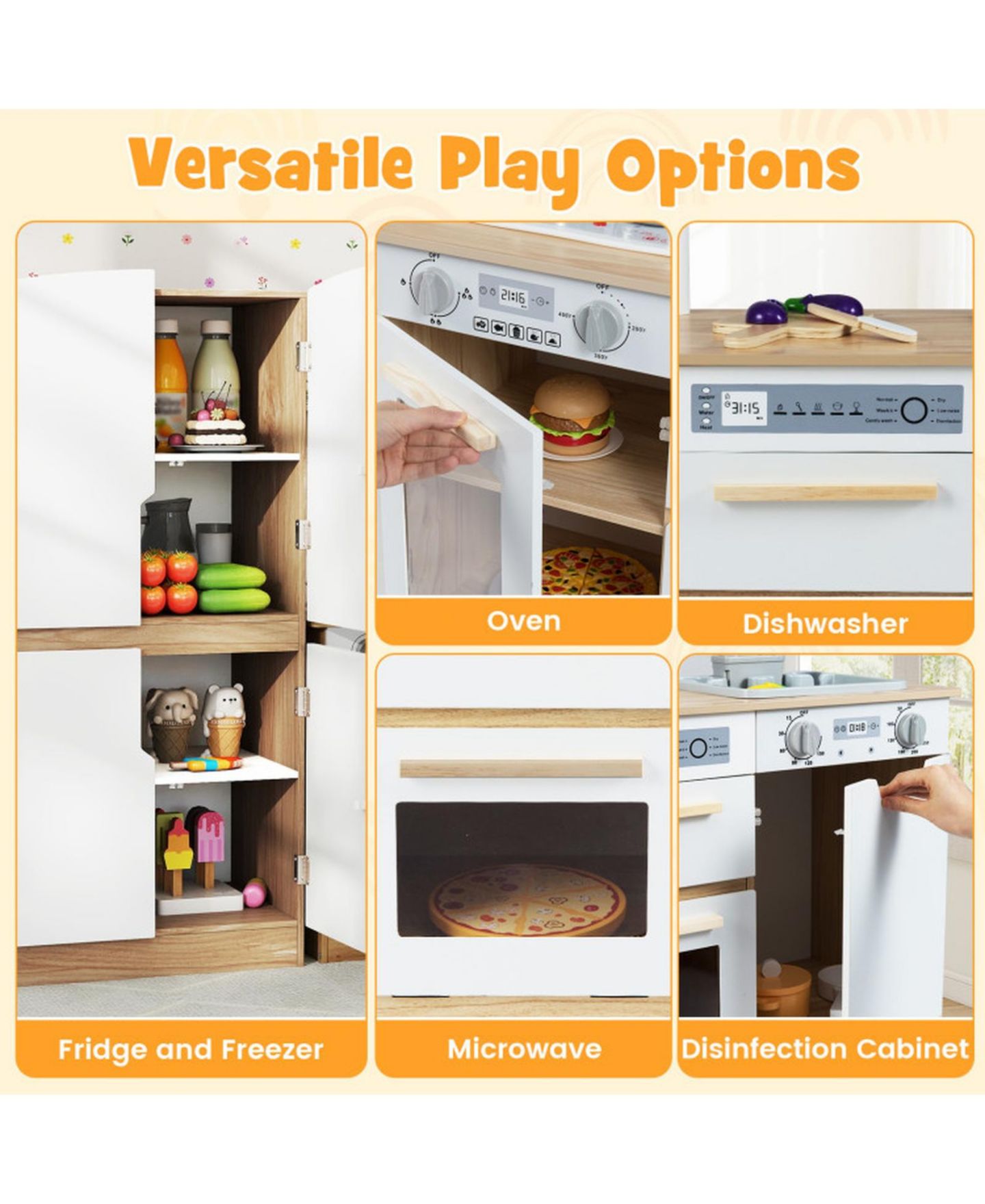 Детский игровой набор HONGGE 2 Piece Wooden Kids Kitchen Playset with Fridge and Planters, цвет: Натуральный / Белый — фото 4
