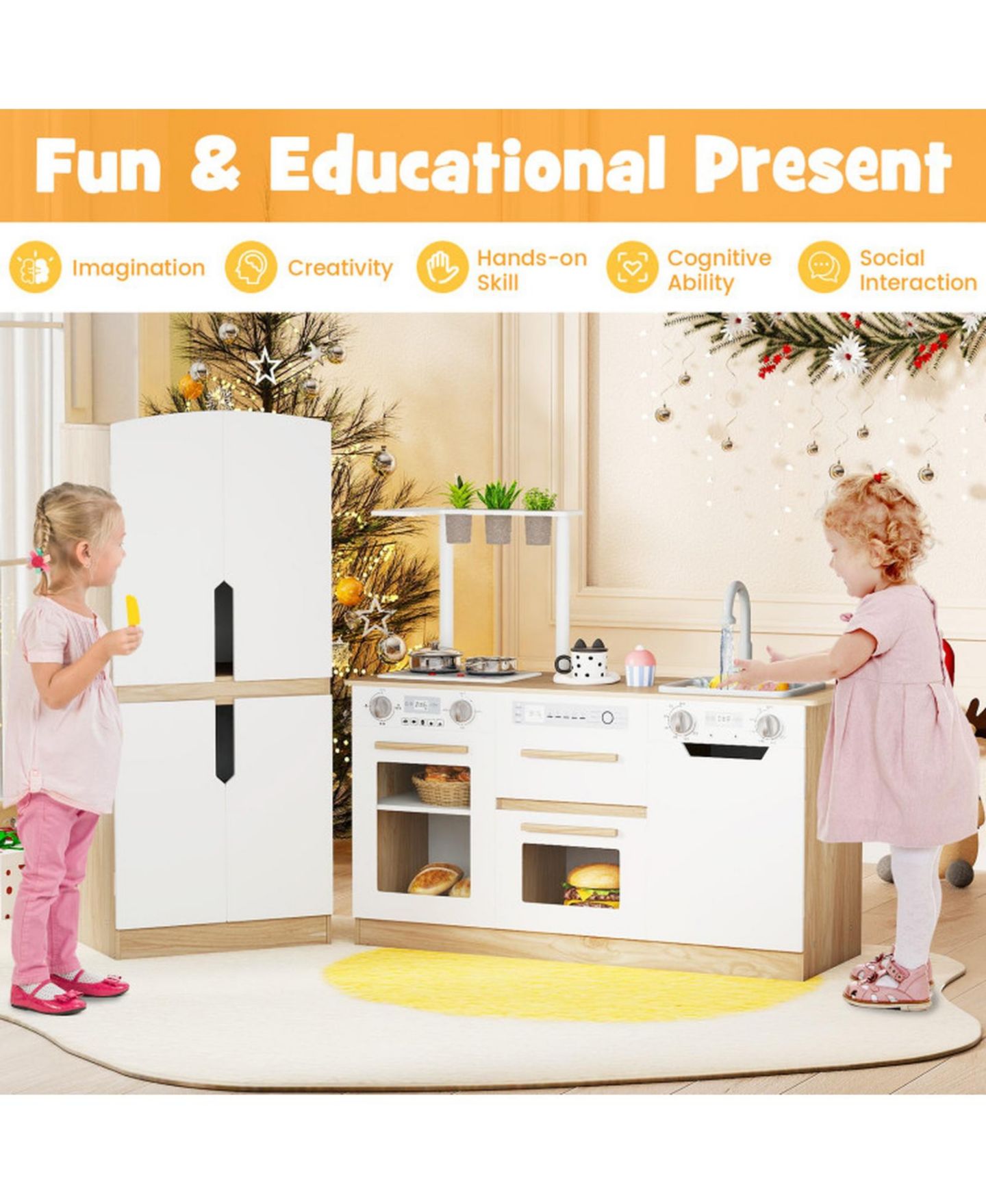 Детский игровой набор HONGGE 2 Piece Wooden Kids Kitchen Playset with Fridge and Planters, цвет: Натуральный / Белый — фото 10