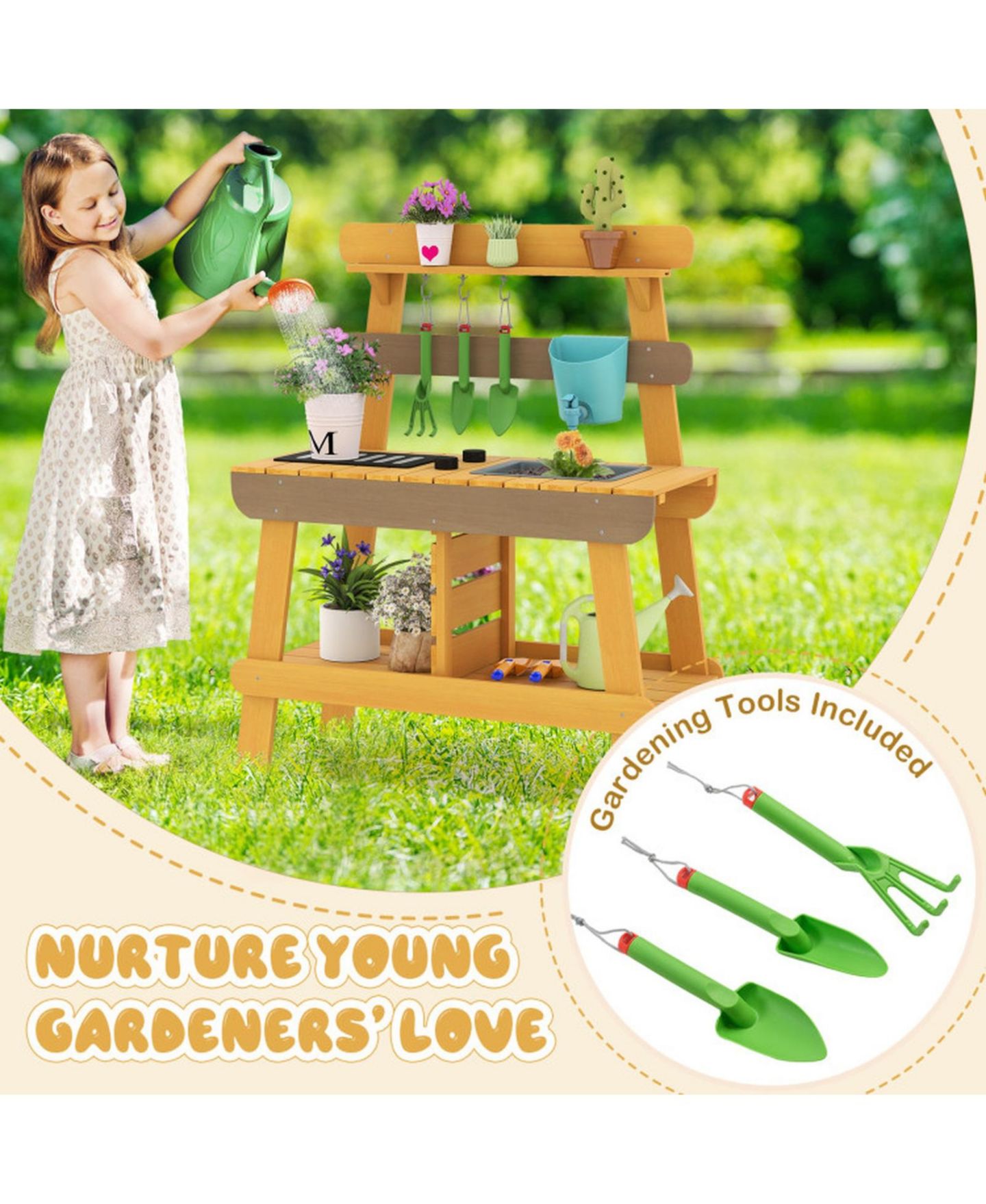 Детская игрушка HONGGE Outdoor Wooden Mud Kitchen with Grill Rack and Garden Tools, цвет: Однотонный — фото 8