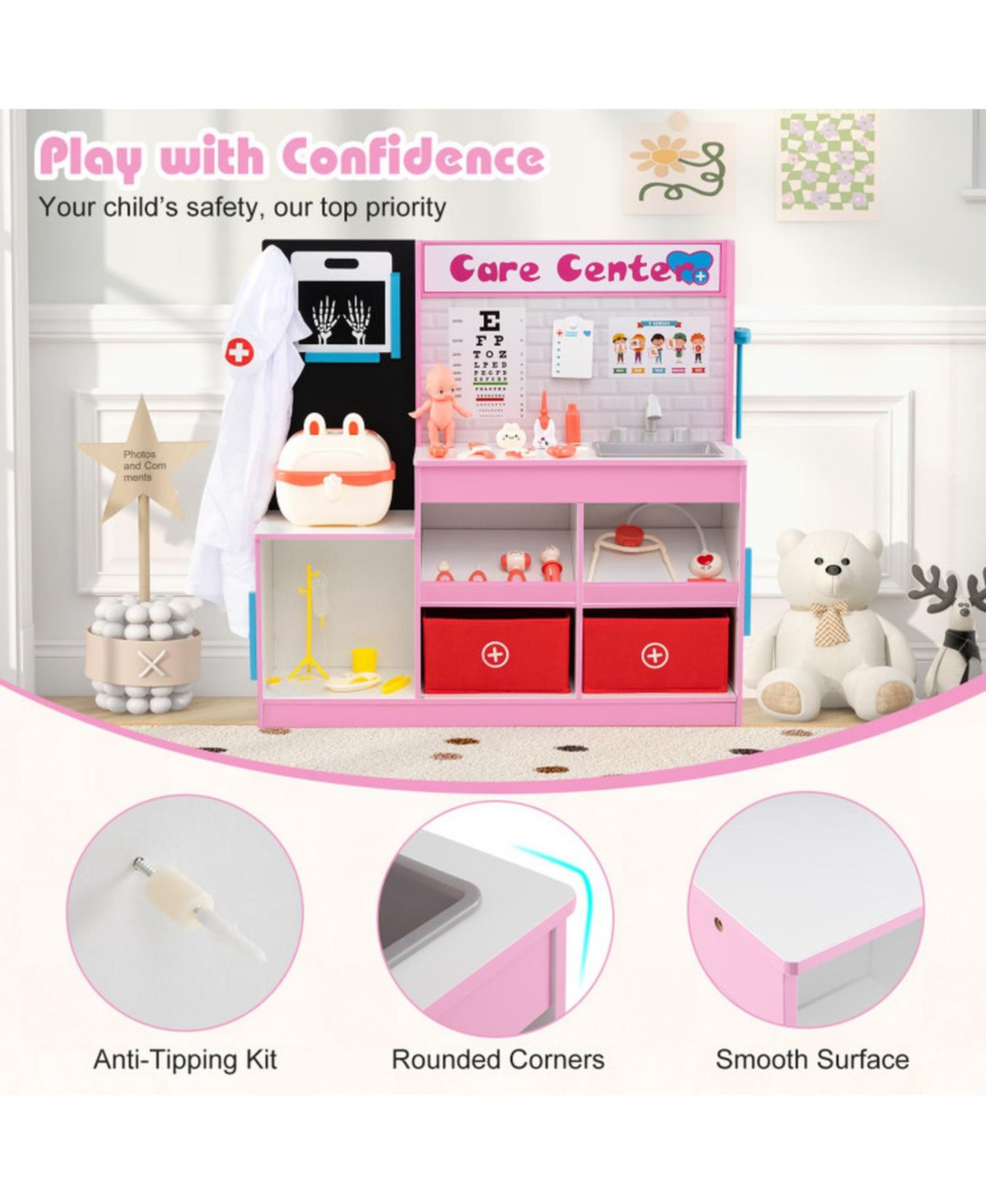 Детский игровой набор HONGGE Kids Wooden Medical Center Play Set with Examination Region, цвет: Мягкий розовый — фото 7