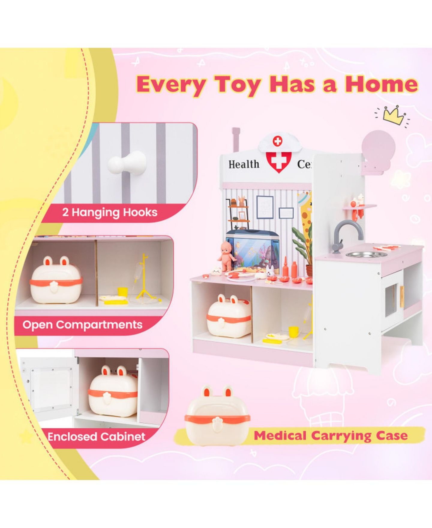 Детские игрушки HONGGE Kids Doctor Adjustable Height Bar Hand Washing Station 27-Piece Play Set, Ages 3+, цвет: Розовый / Белый — фото 5