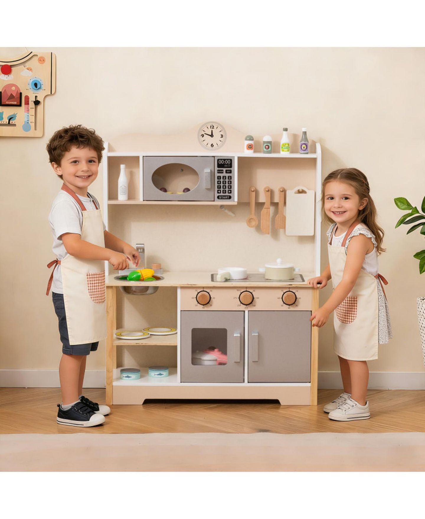 Детские игрушки HONGGE Printed Clock Wooden Toy Kitchen, 13-Piece, Ages 3+, цвет: Белый / Коричневый — фото 10