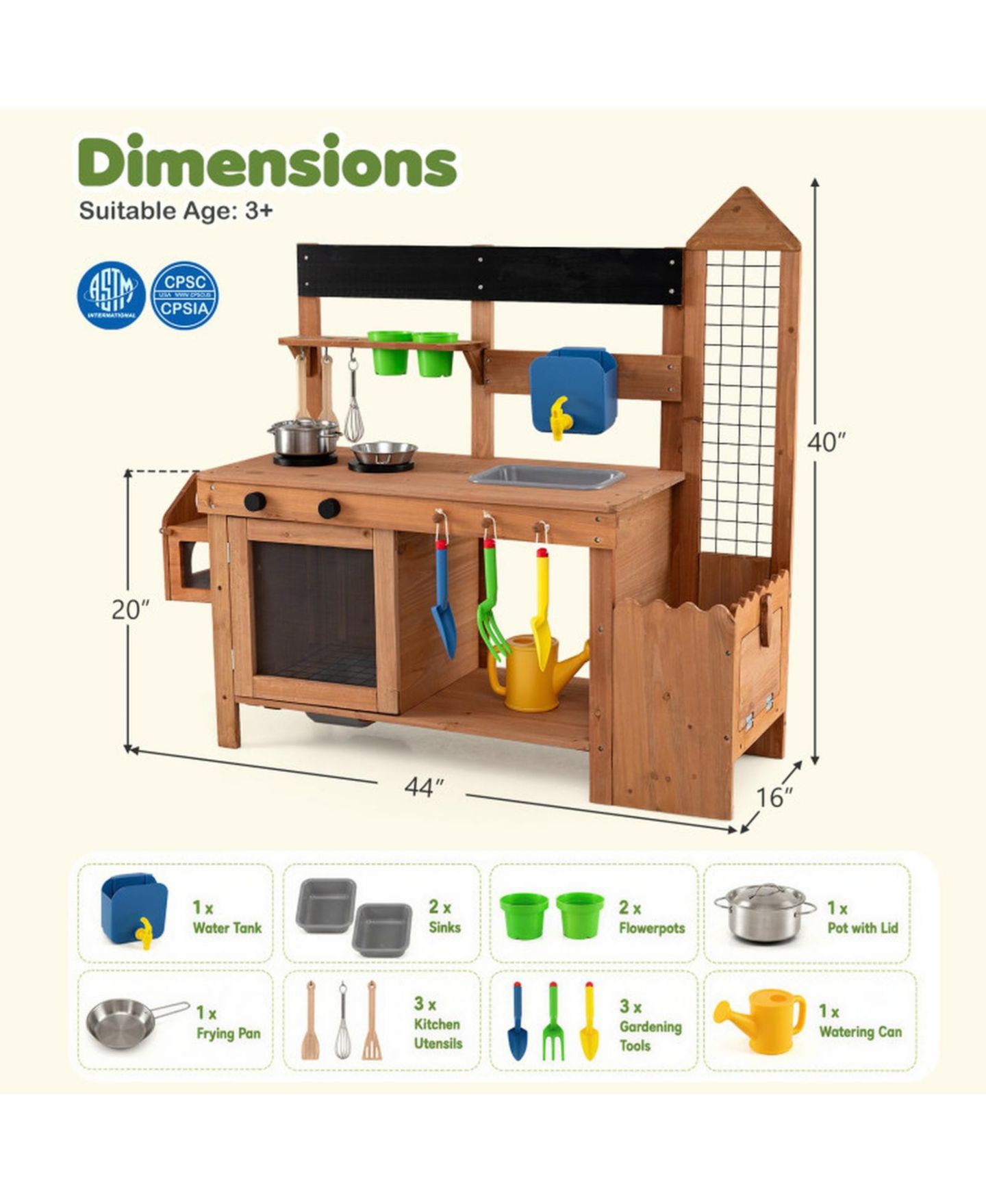 Детская игрушка HONGGE Outdoor Mud Kitchen with Removable Birdcage and Planter Box, Ages 3+, цвет: Тёплый коричневый — фото 3