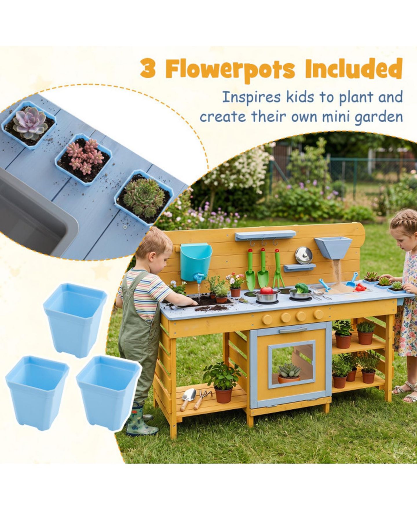 Детские игрушки HONGGE Wooden Mud Kitchen 2-Sink, 4-Stove 14-Piece Play Set, Ages 3+, цвет: Натуральный — фото 10