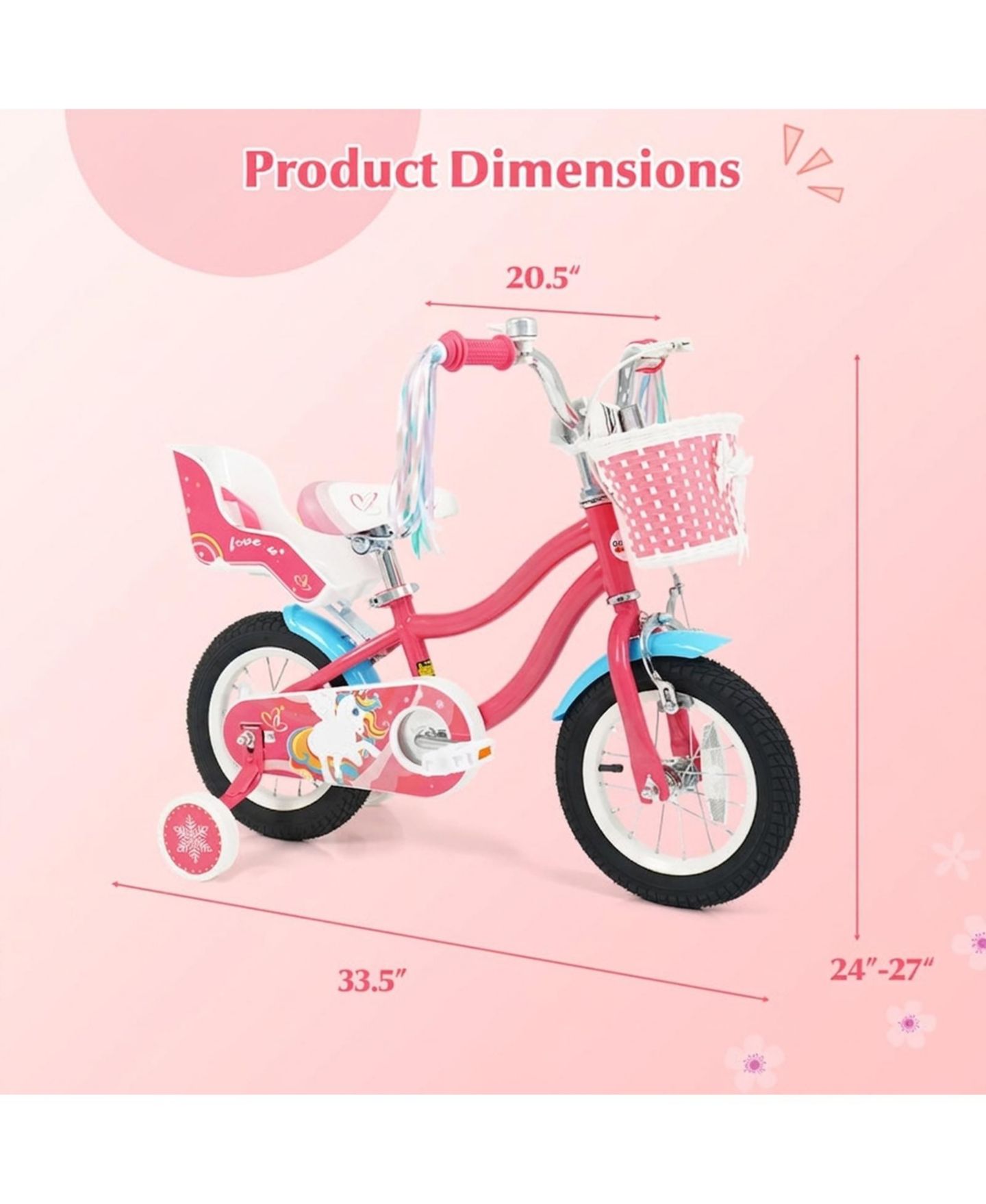 Детская игрушка HONGGE 12-Inch Girls' Bike with Doll Seat, Front Basket and Training Wheels, Ages 3-4, цвет: Розовый — фото 3