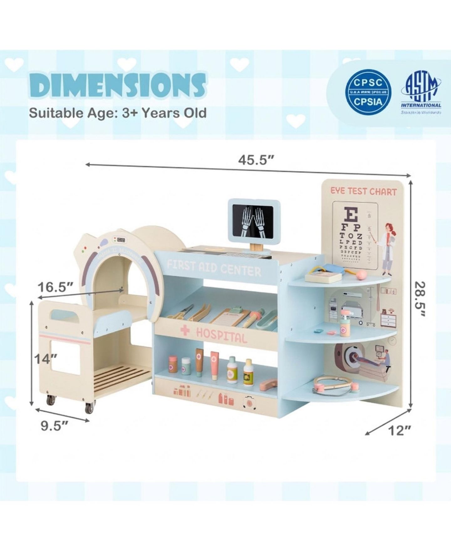 Детский игровой набор HONGGE Kids Wooden Doctor Play Set with Toy CT Machine and Eye Chart Ages 3, цвет: Синий — фото 3