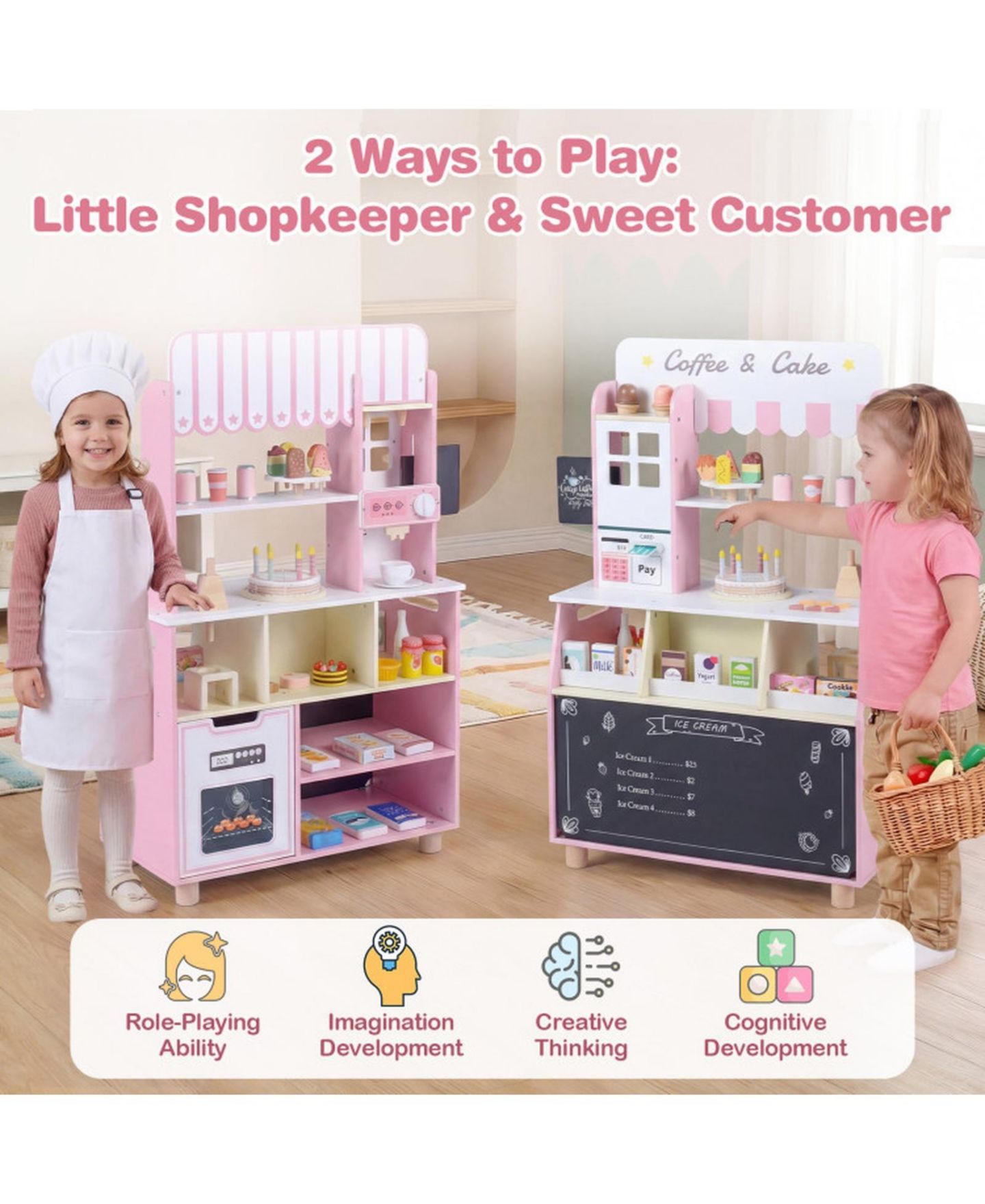 Детский игровой набор HONGGE Ice Cream Shop Rotating Popsicle Rack 27-Piece Playset, Ages 3+, цвет: Розовый — фото 7