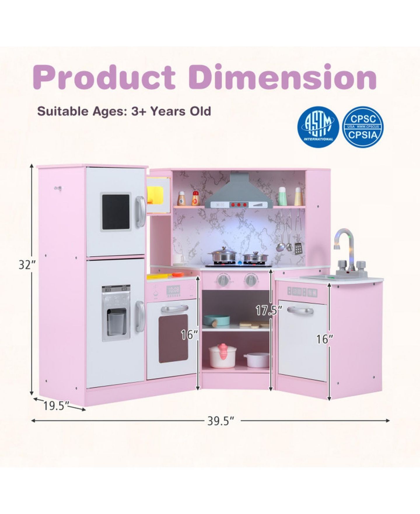 Детский игровой набор HONGGE Kids Corner Play Kitchen Playset with Sensor Faucet and Sound Lights Ages 3, цвет: Розовый — фото 4