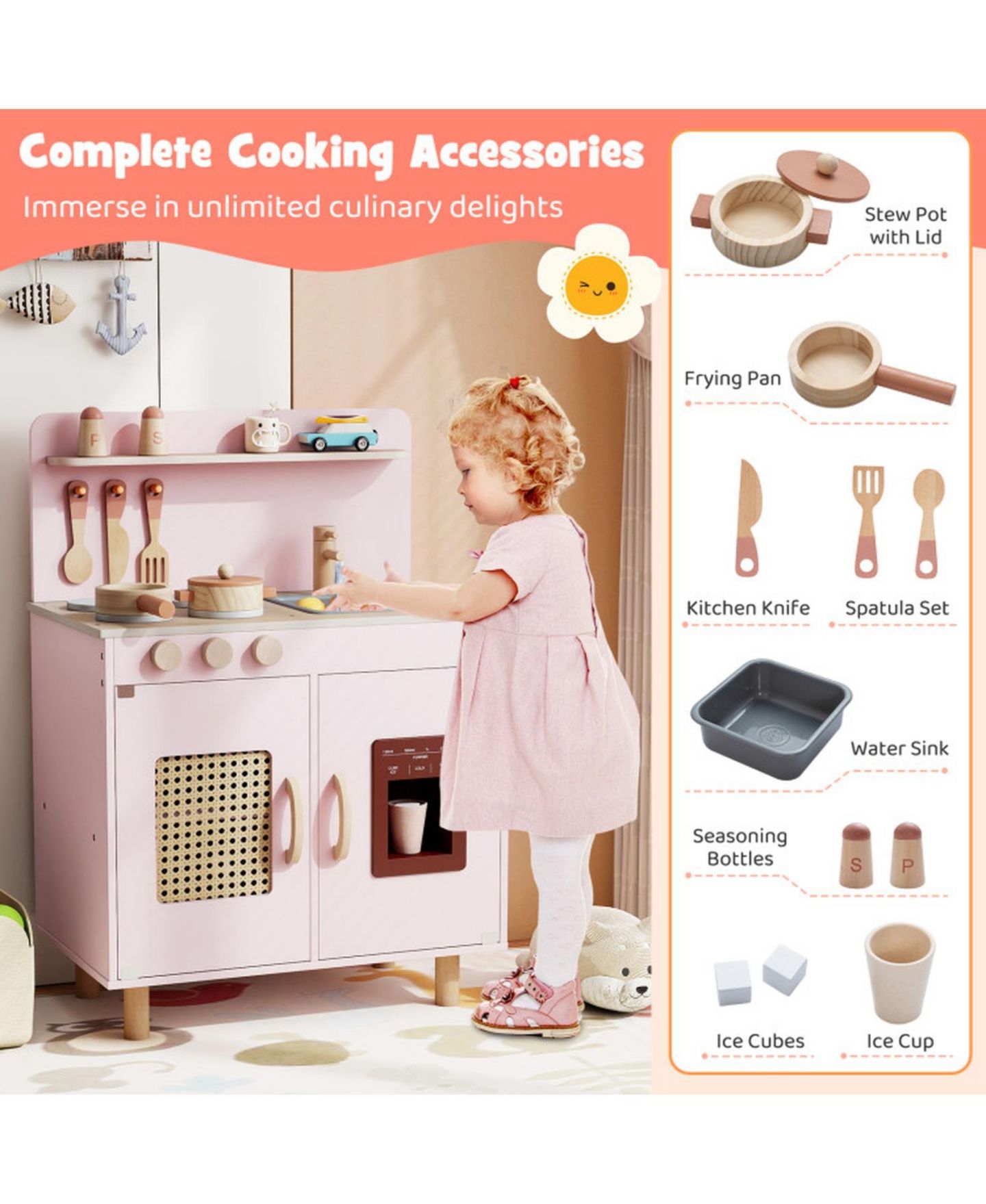 Детский игровой набор HONGGE Kids Wooden Play Kitchen Playset with Working Ice Maker and Sink Ages 3, цвет: Розовый — фото 7