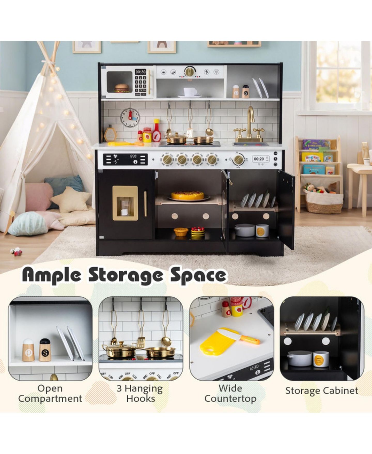 Детская игрушка HONGGE Lights and Sounds Wooden Play Kitchen with Ice Maker, Ages 3+, цвет: Чёрный — фото 5