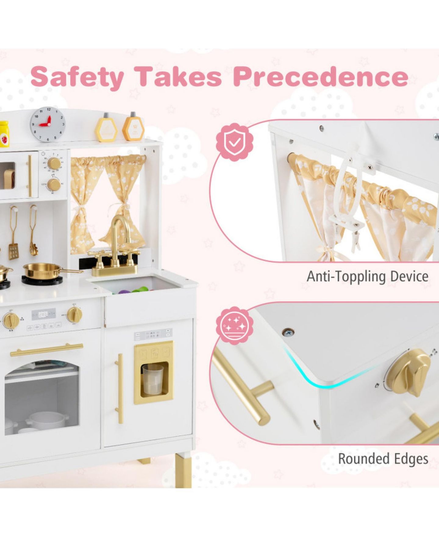 Детская игрушка HONGGE Height-Adjustable Ice-Making Wooden Play Kitchen, Ages 3+, цвет: Золотой — фото 4