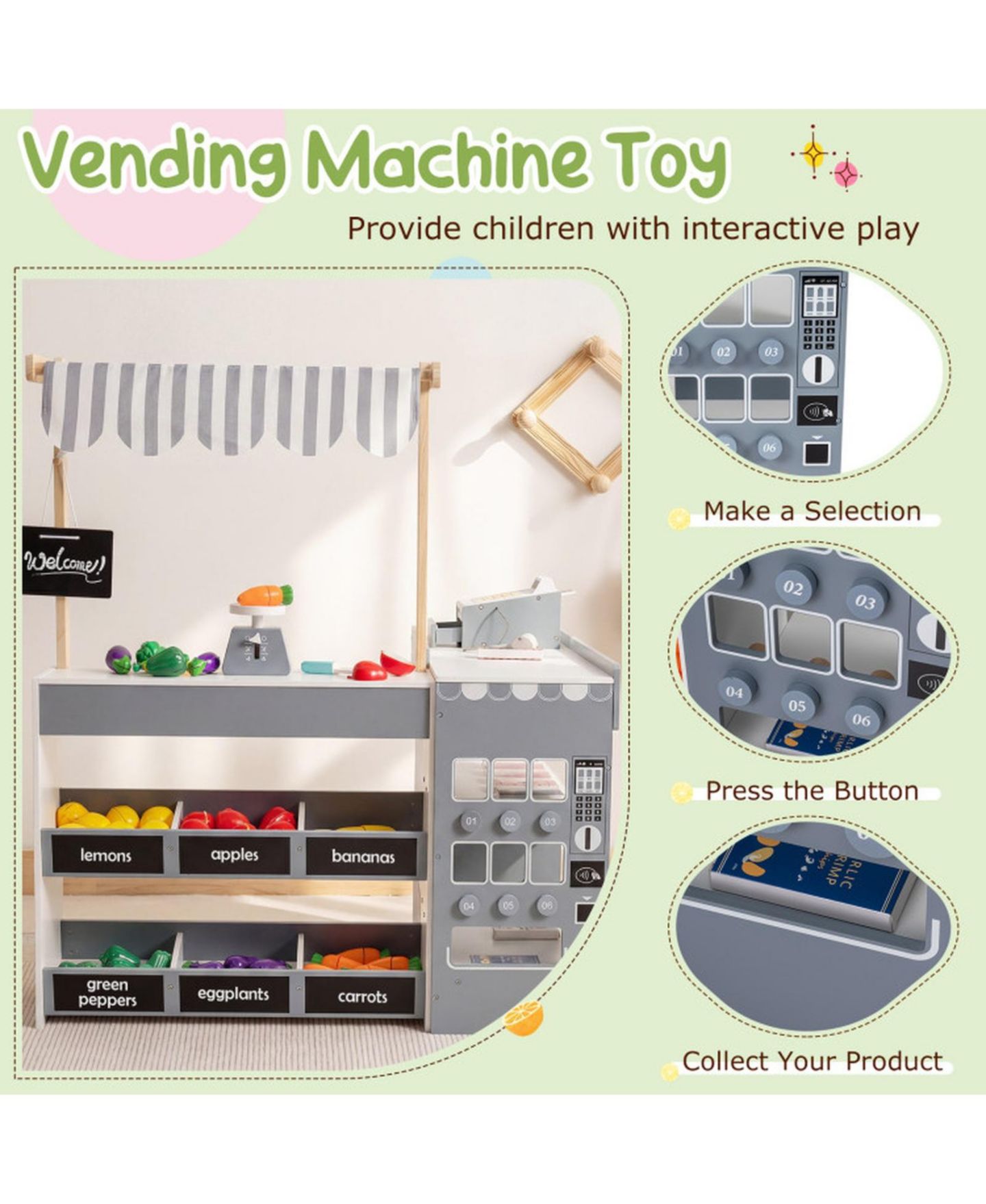 Детский игровой набор HONGGE Kids' Wooden Grocery Store Playset with Shopping Cart and Cash Register, Ages 3+, цвет: Серый — фото 7