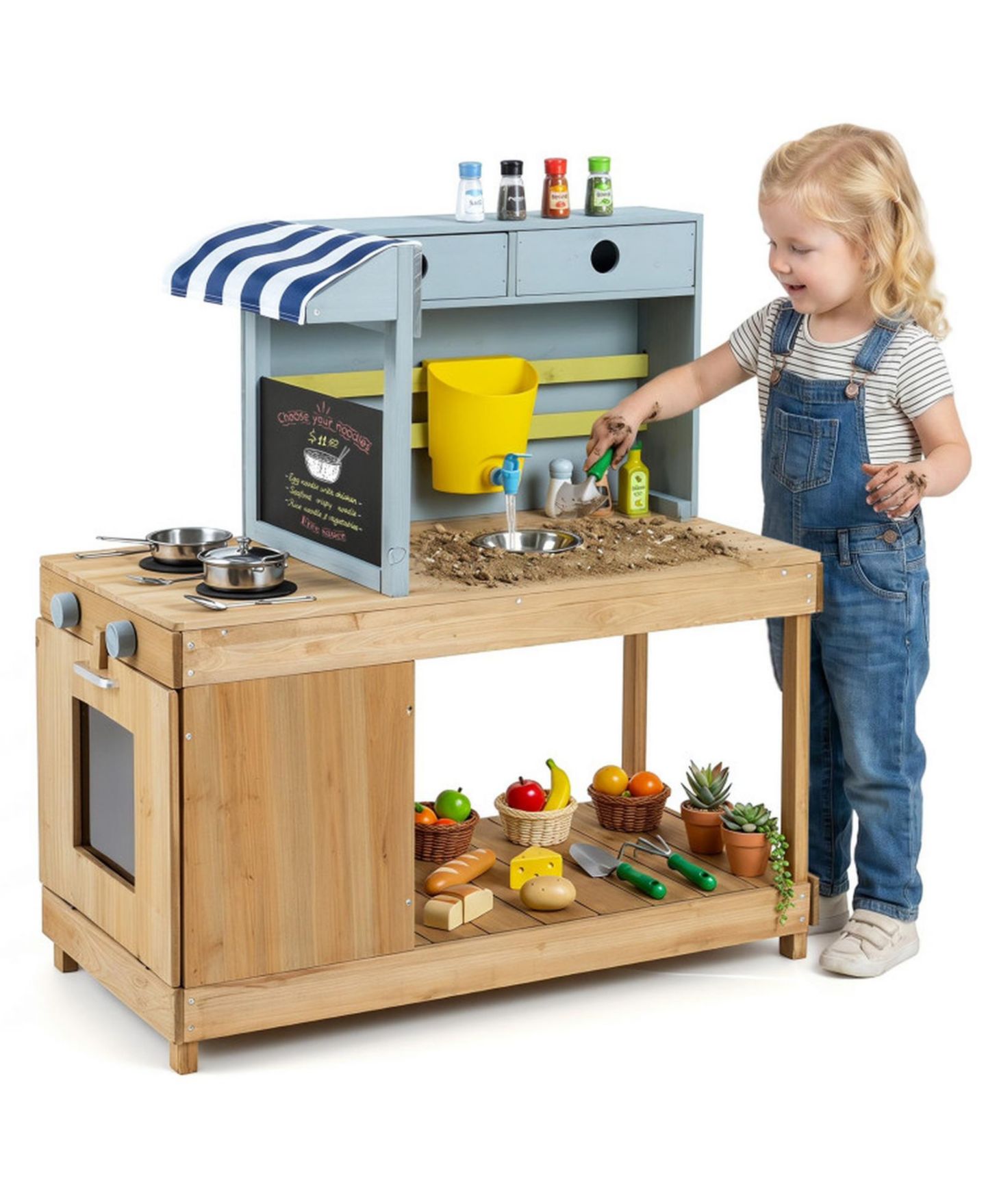 Детские игрушки HONGGE Canopy Mud Kitchen with Water Tank and Faucet, Ages 3+, цвет: Натуральный — фото 10