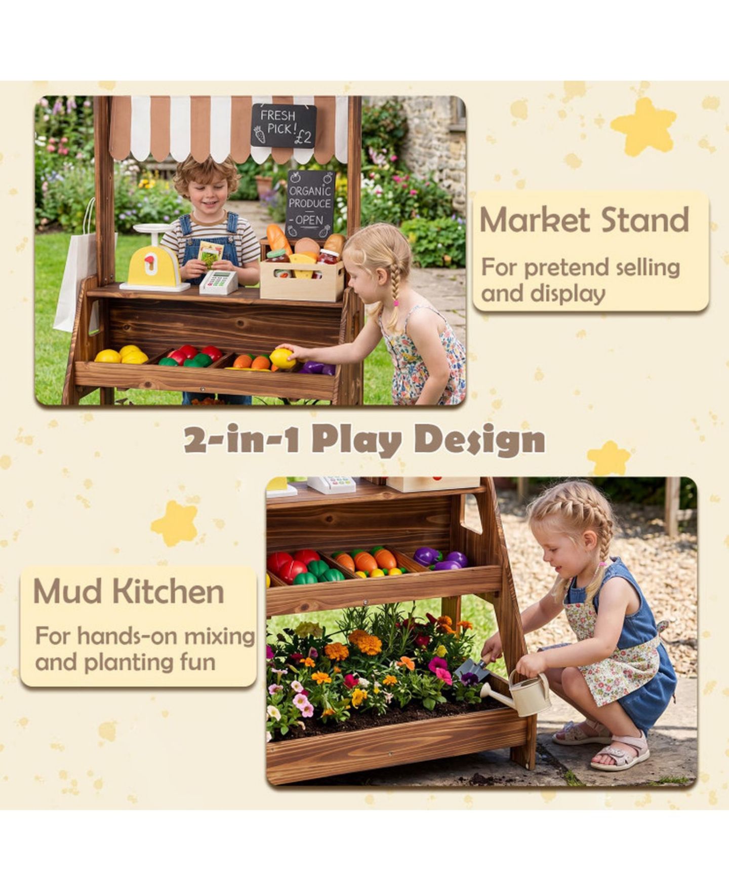 Детские игрушки HONGGE 2-in-1 Wooden Mud Kitchen and Market Stand, 25-Piece, Ages 3+, цвет: Коричневый — фото 8