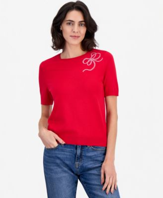Women's Short-Sleeve Crewneck Rhinestone-Bow Sweater