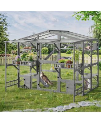 Large Wooden Outdoor Catio for Multiple Cats, Weatherproof Pine Cat House