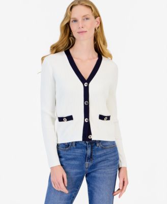 Women's Ribbed Tipped V-Neck Cardigan