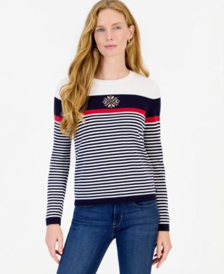 Women's Long-Sleeve Crewneck Striped Snowflake Holiday Sweater