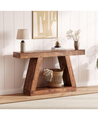 55" 2-Tier Industrial Console Table with Open Shelf, Rustic Wood-Look Sofa Table for Entryway and Living Room