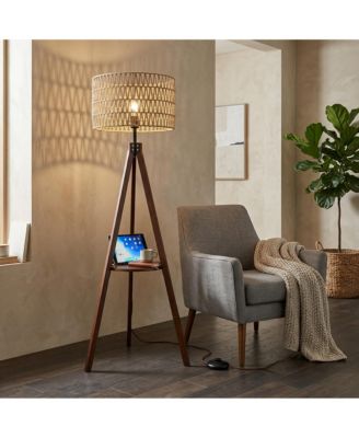 Modern Tripod Floor Lamp with Natural Rattan Shade & Storage Shelf