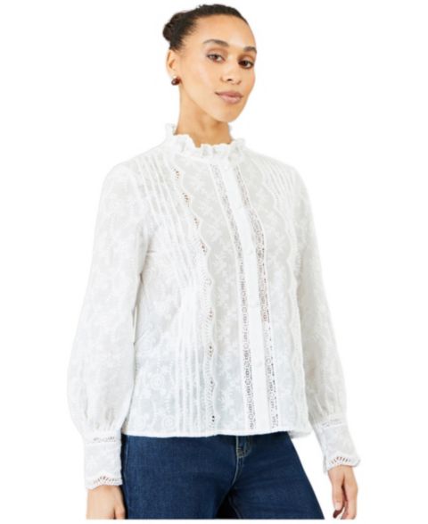 Женская блузка Yumi Long-Sleeve Lace-Detail Cotton, цвет: Белый
