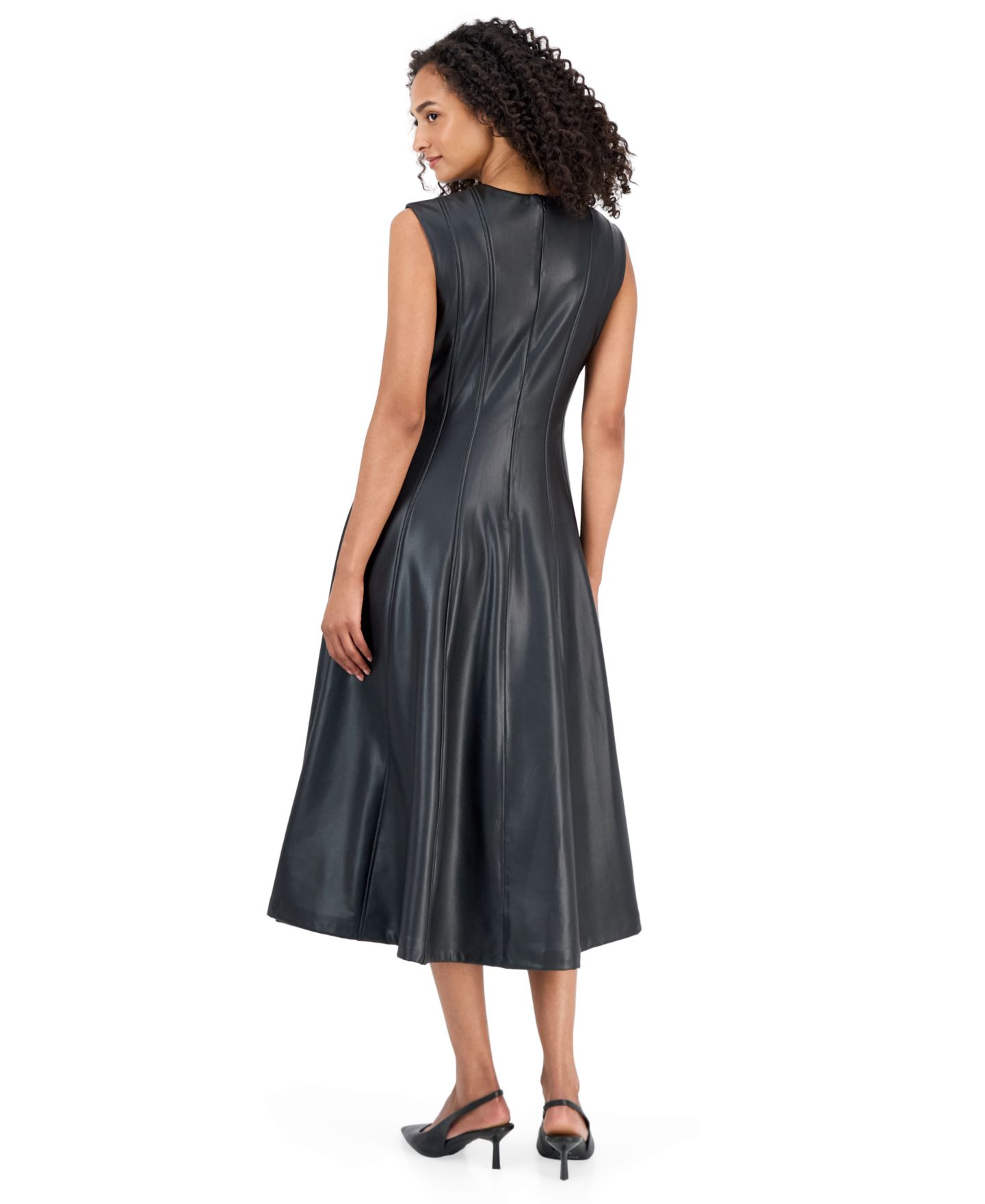 Женское платье Anne Klein Pleated Neck A-Line Midi Faux Leather, цвет: Чёрный — фото 2