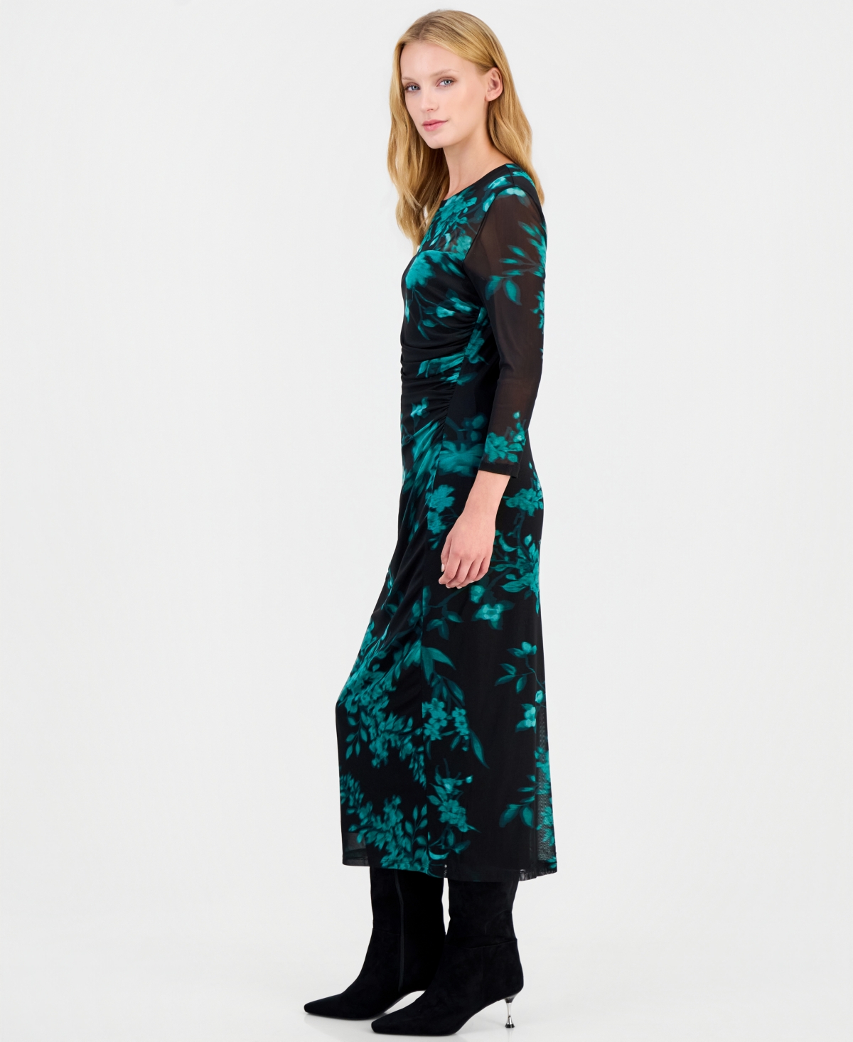 Anne Klein Petite Mesh Side Ruche Floral Midi Dress