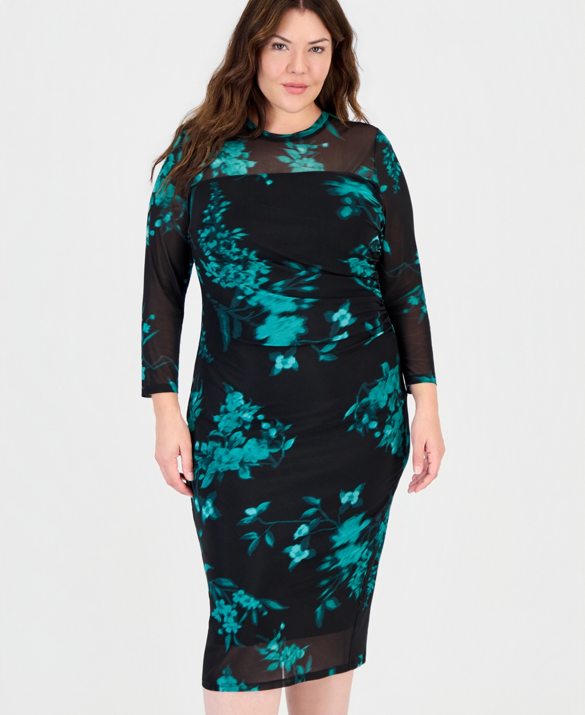 Anne Klein Plus Size Long-Sleeve Floral-Print Boat Neck Midi Dress