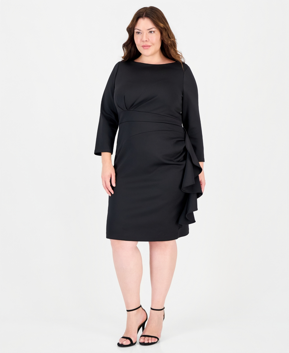 Anne Klein Plus Draped Sheath With Cascading Ruffle Scuba Midi Dress