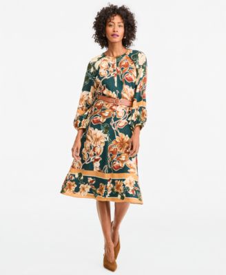 Women's Long-Sleeve Floral A-Line Midi Dress