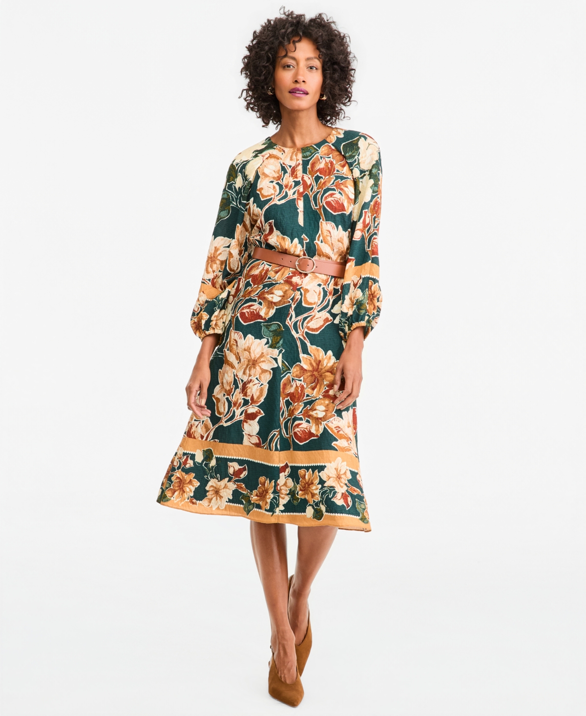 Maggy London Women's Long-Sleeve Floral A-Line Midi Dress