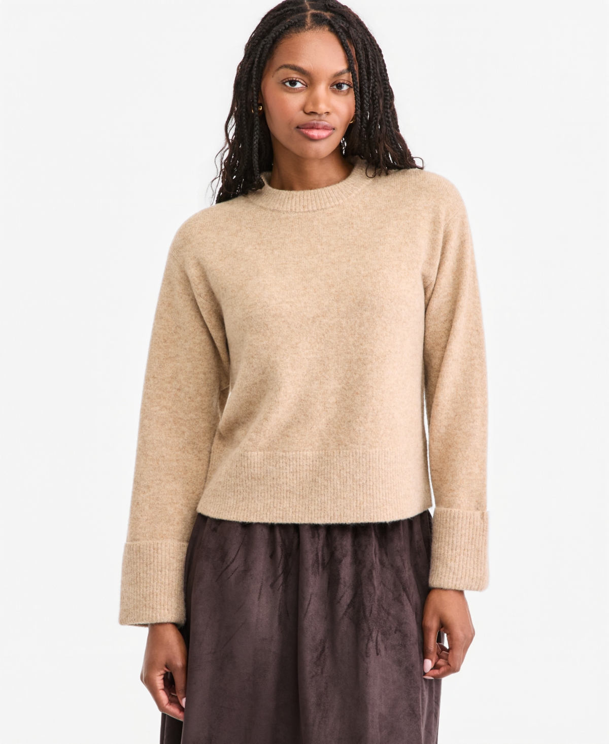On 34th Women's Crewneck Cuff Sleeve Pullover Sweater, Macy's Exclusive - Warm Camel Heather