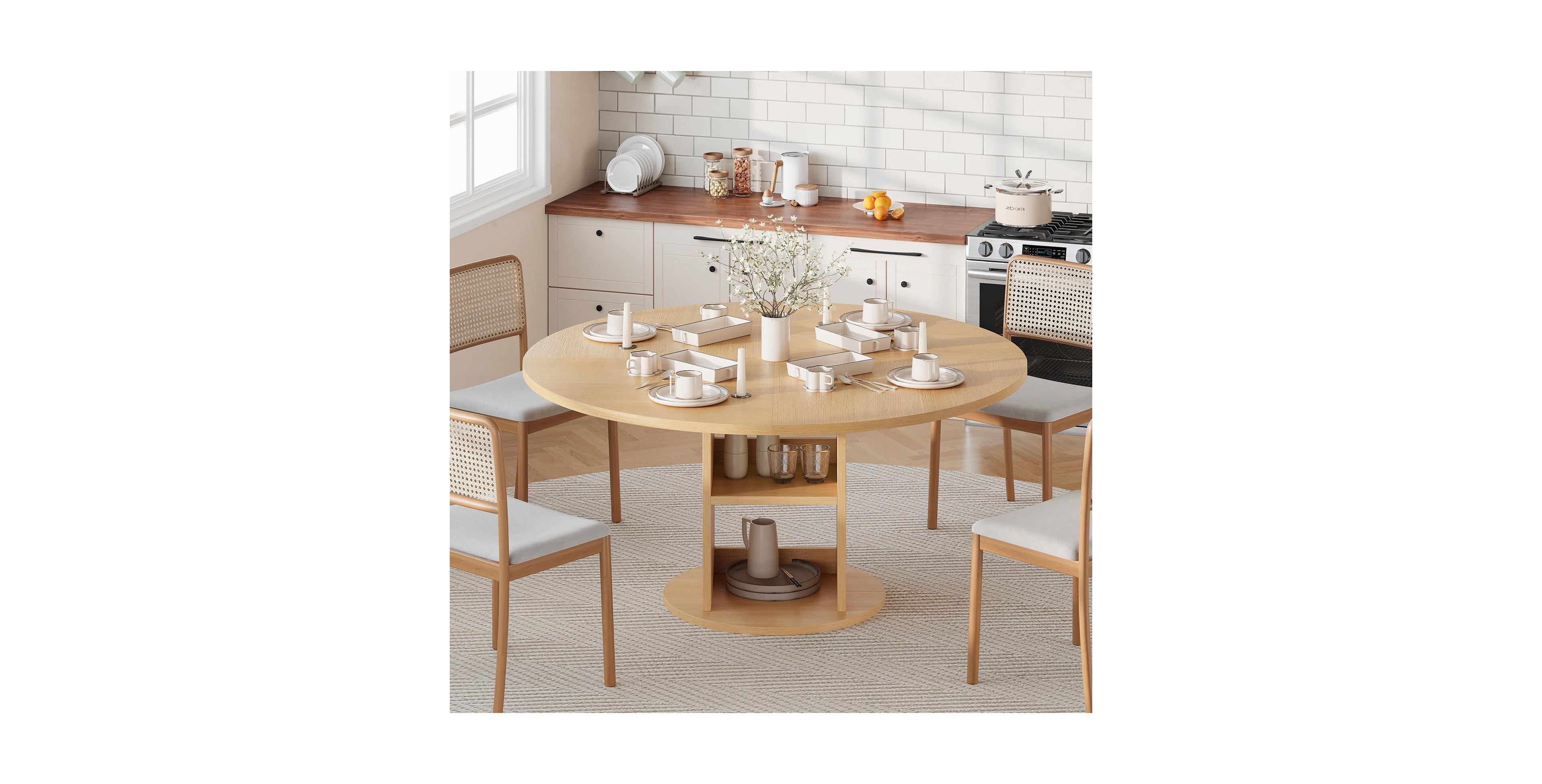 homfan 47.24" round farmhouse dining table seats 4-6, featuring a sturdy wood base and 2-layer storage shelf for kitchen or dining spaces.