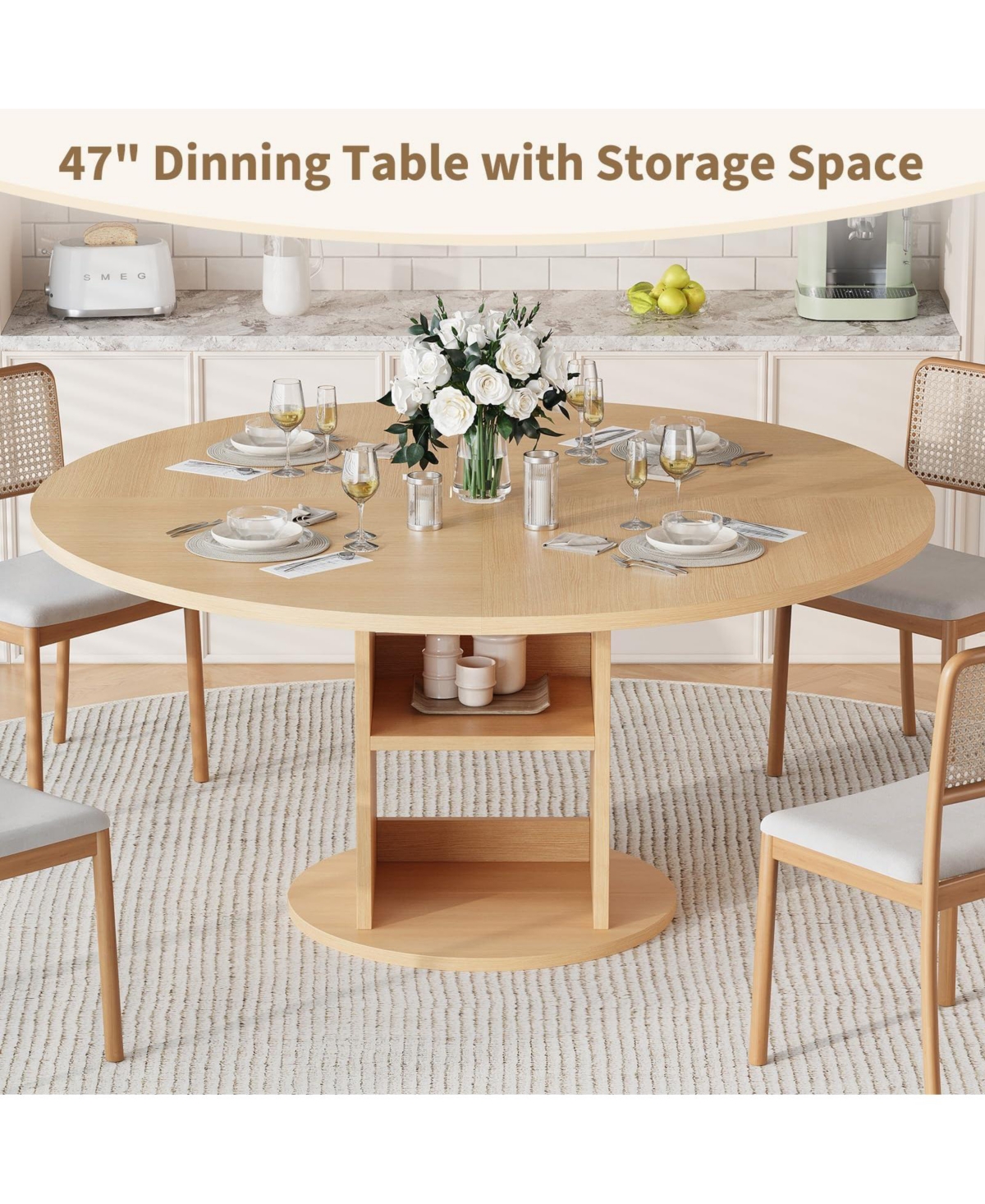 homfan 47.24" round farmhouse dining table seats 4-6, featuring a sturdy wood base and 2-layer storage shelf for kitchen or dining spaces.