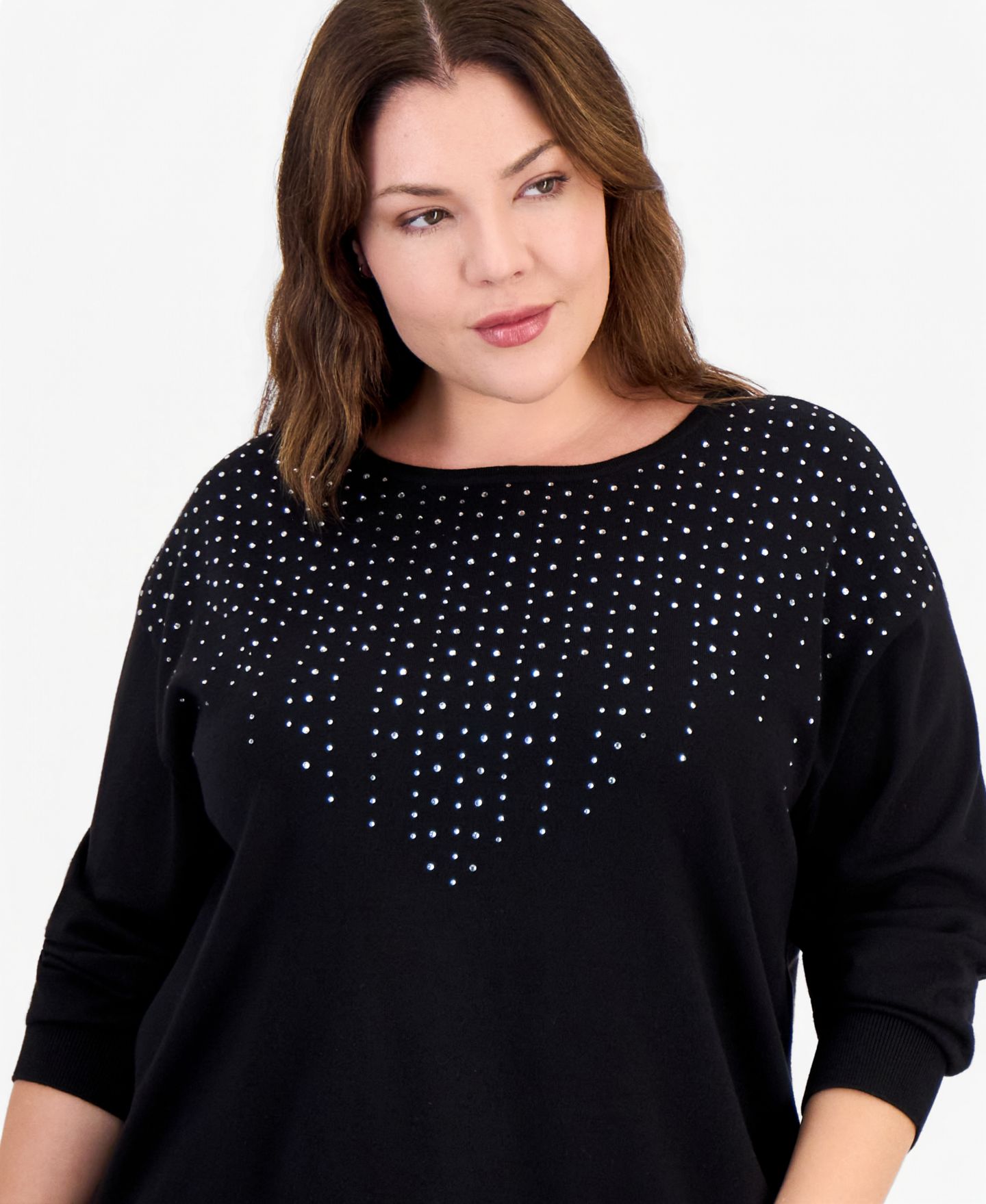 Женский свитер Anne Klein Essentials Plus Size Long-Sleeve Boat Neck Embellished, цвет: Чёрный — фото 3