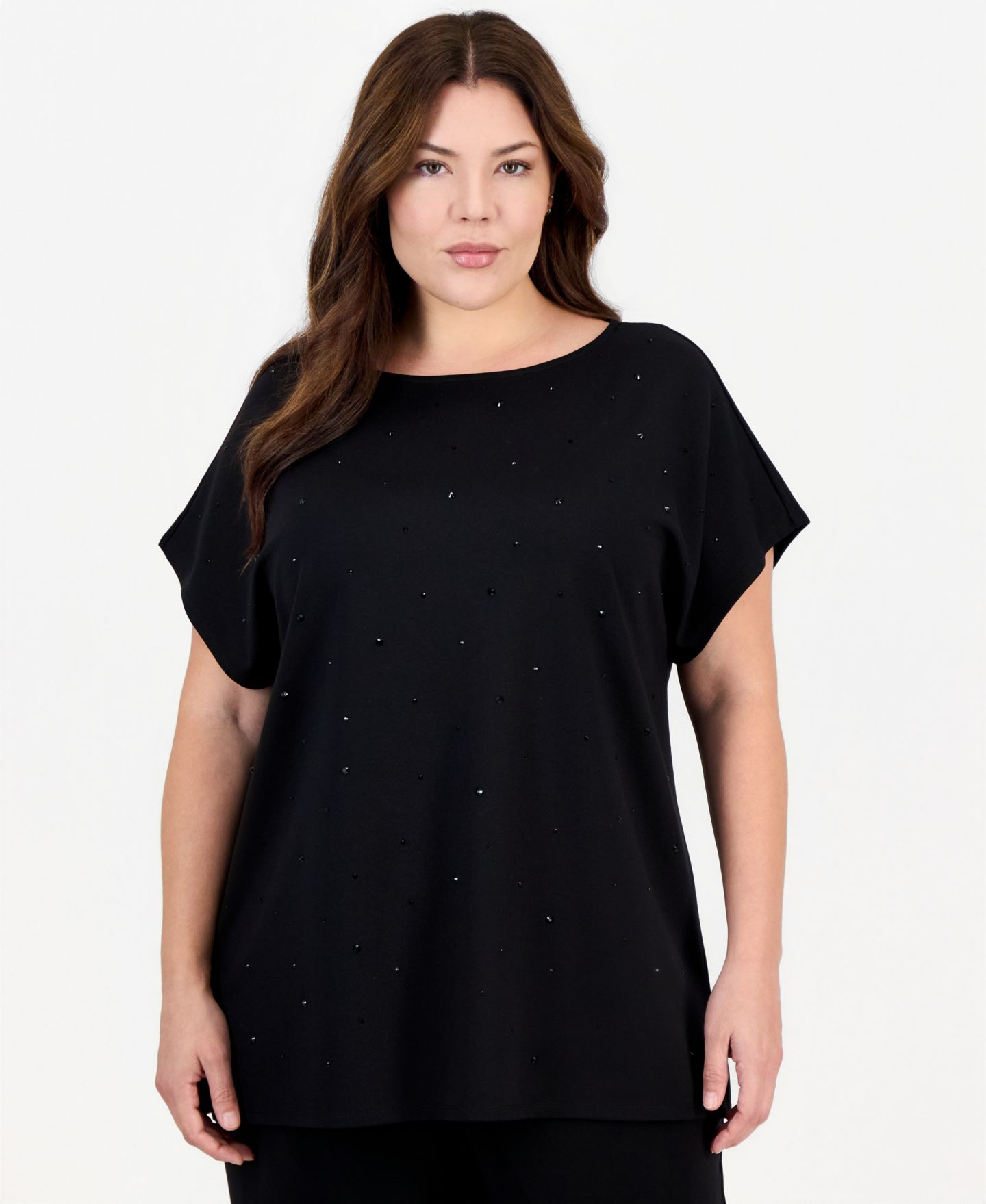 Женский топ Anne Klein Essentials Plus Size Serenity Boat Neck Heatset Stones, цвет: Чёрный — фото 1