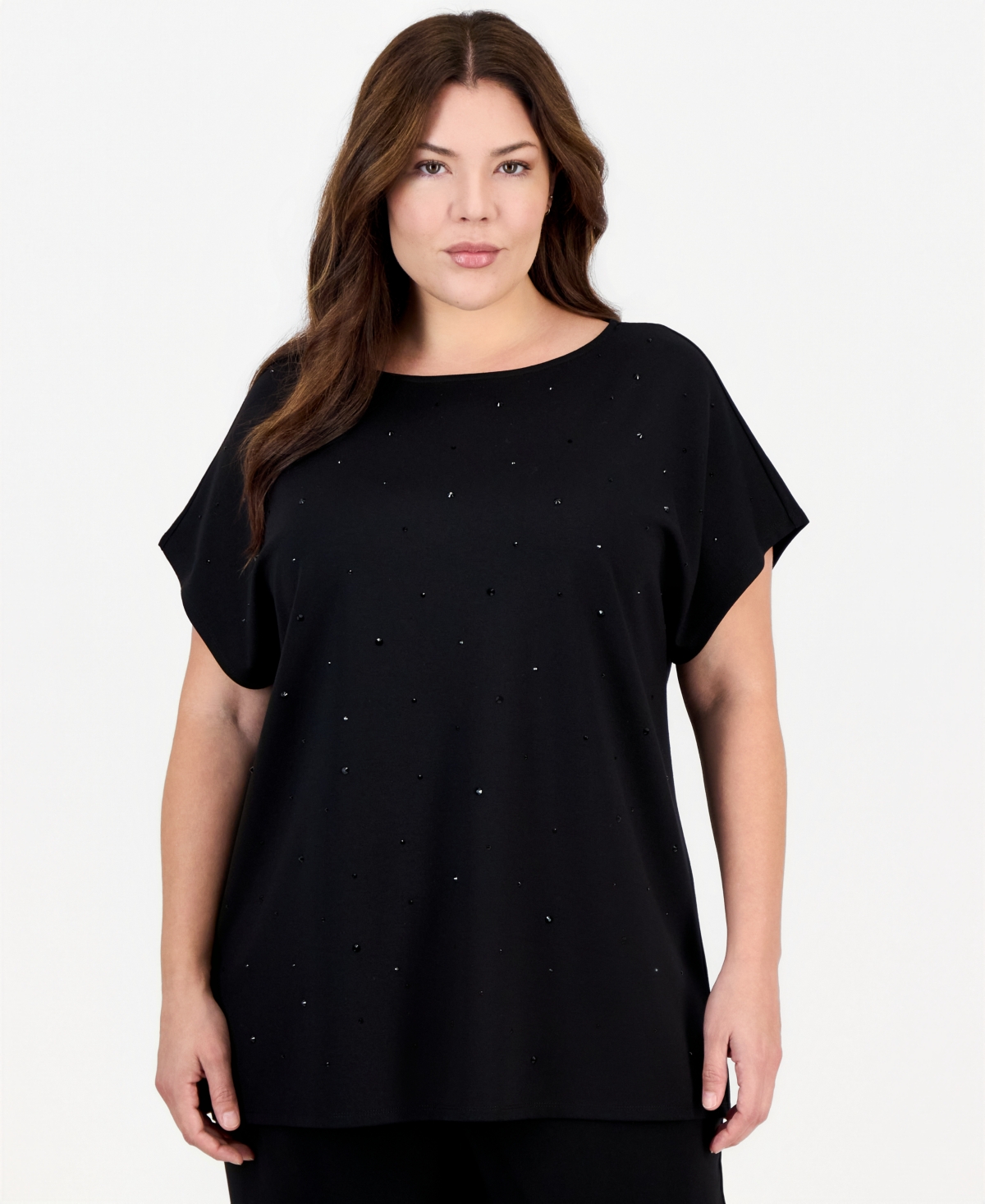 Anne Klein Essentials Plus Size Serenity Boat Neck Heatset Stones Top - Anne Black
