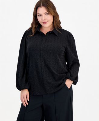 Plus Size Houndstooth Stretch Knit Puff-Sleeve Long-Sleeve Blouse