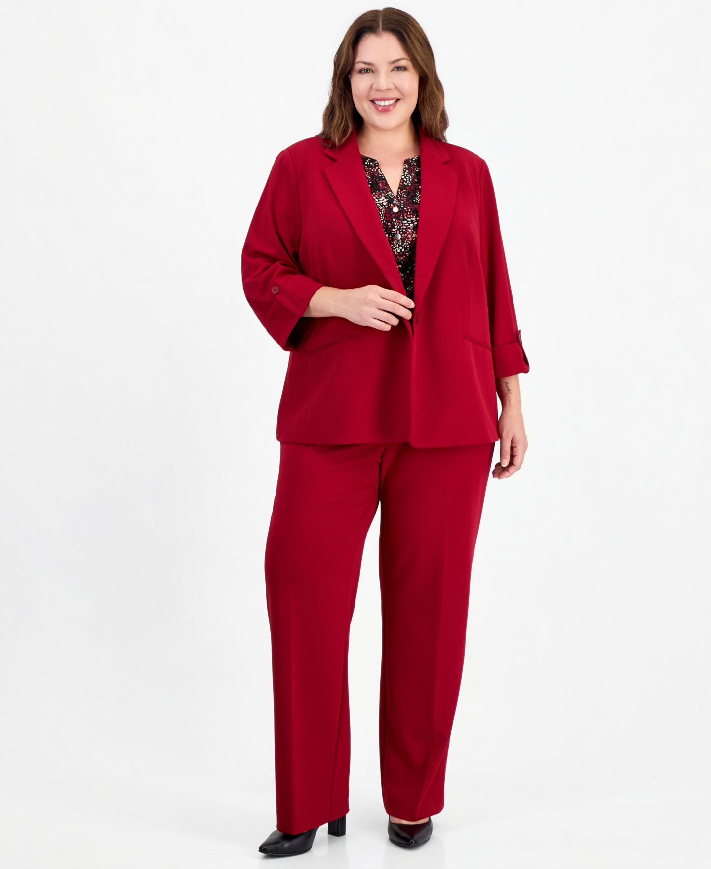 Женский пиджак Anne Klein Essentials Plus Size One Button Notch Collar 3/4-Sleeve Blazer, цвет: Красный — фото 3