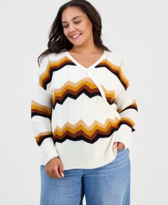 Plus Size Chevron Drop-Shoulder Surplice Sweater