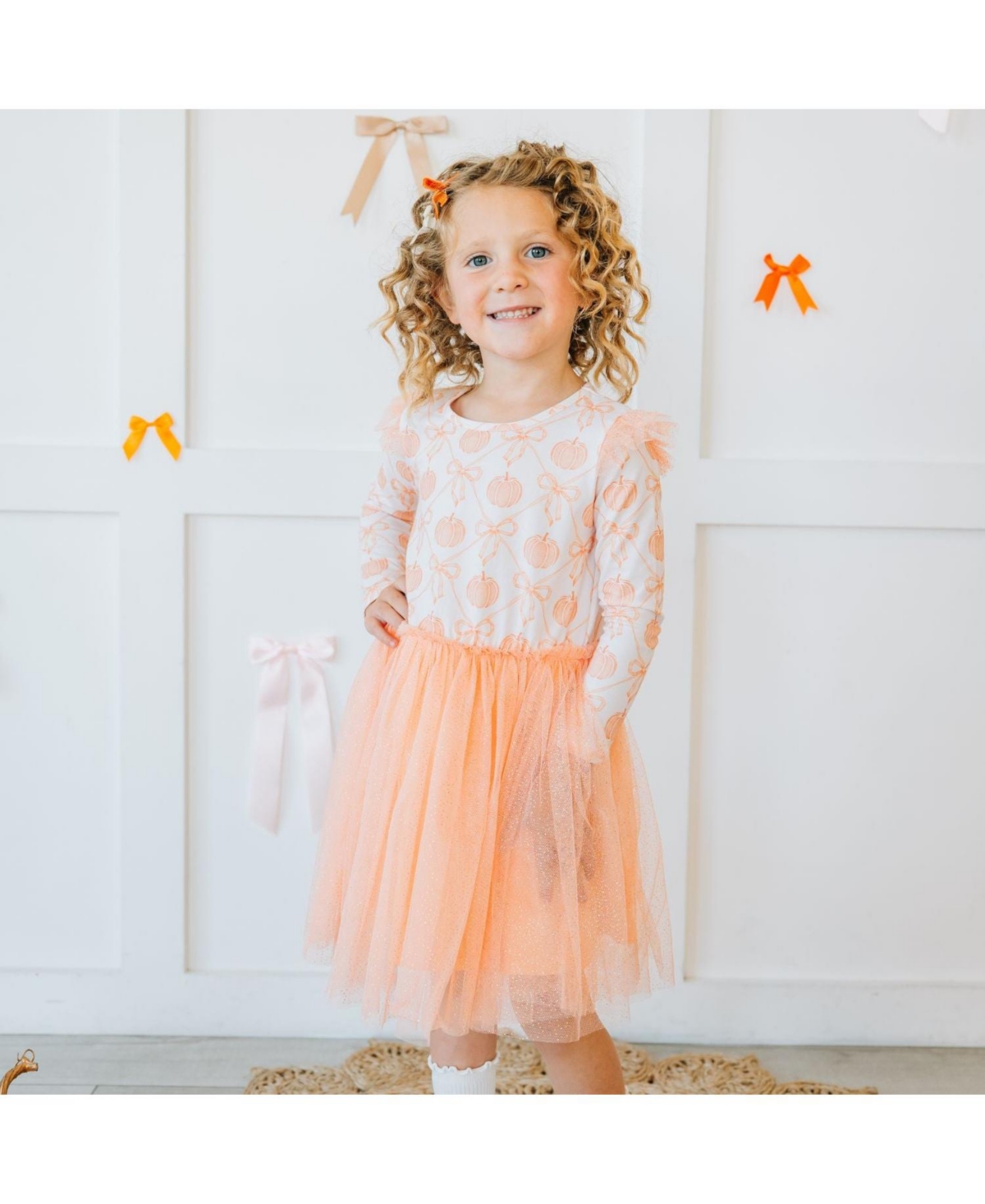 Sweet Wink Little Girls Pumpkin Bow Trellis Long Sleeve Tutu Dress