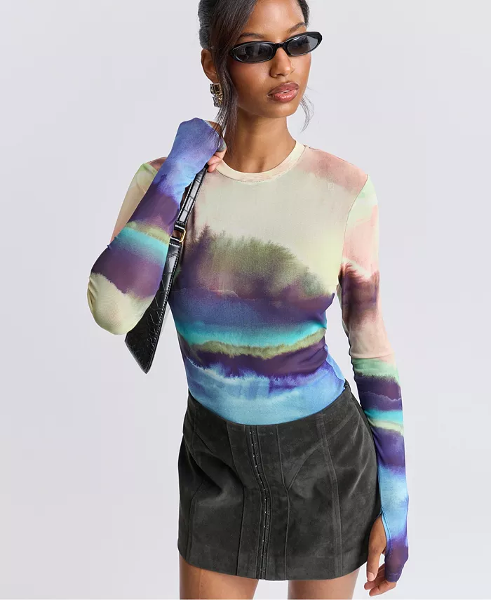 Women's Printed Long-Sleeve Mesh Top - thumbnail 7