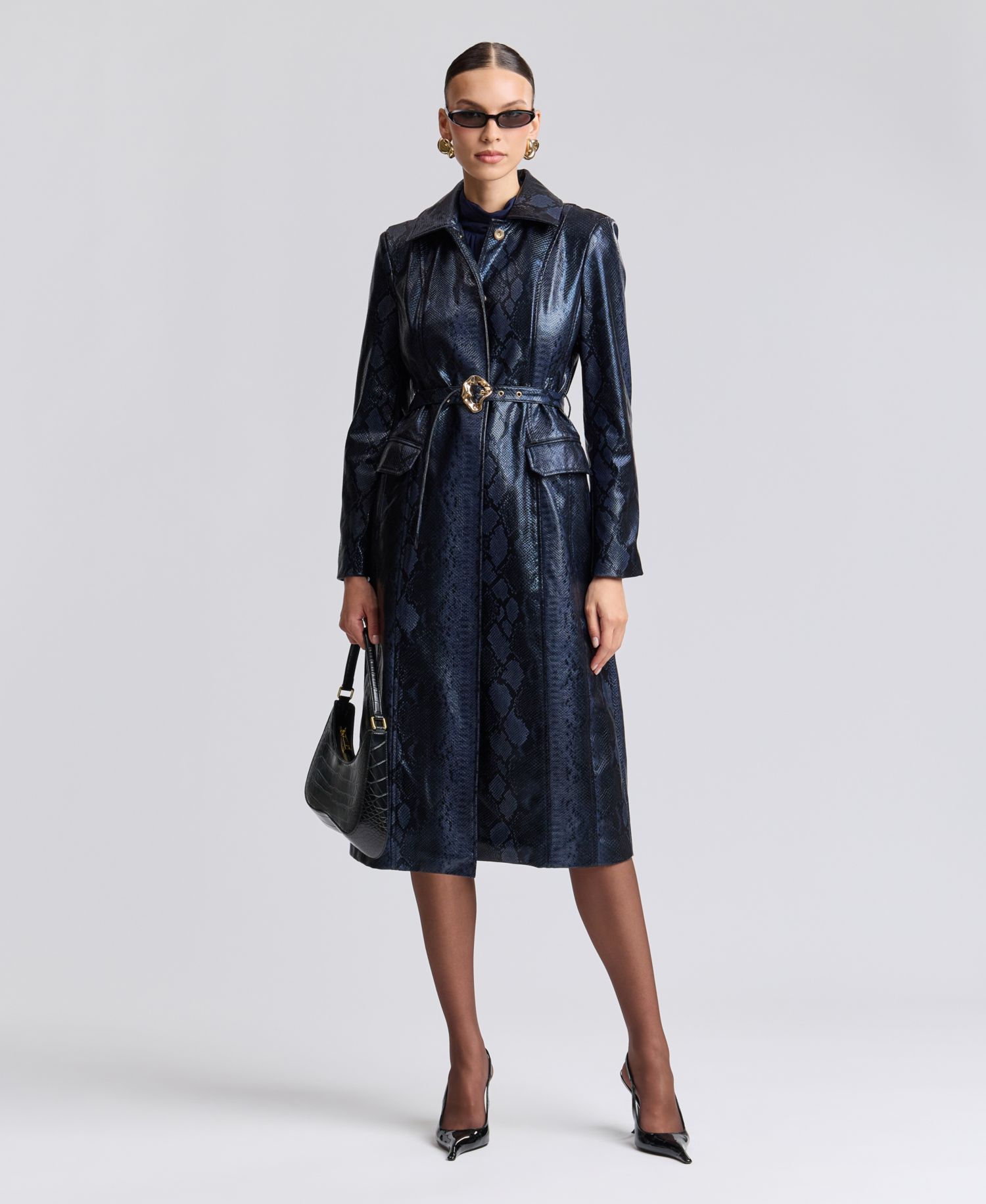 Women's Center Front Belted Python-Print Faux Leather Trench Coat