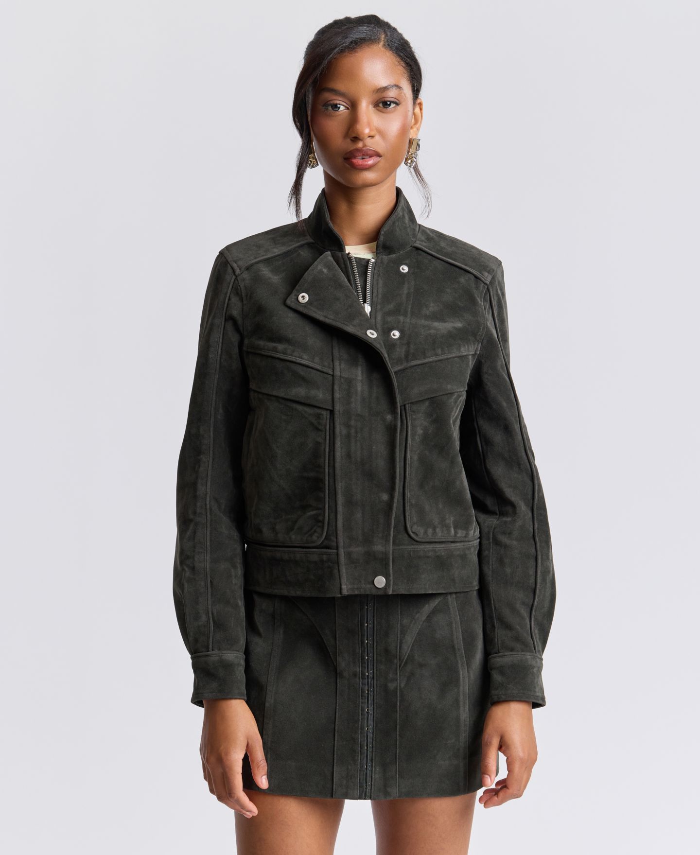 Женская куртка Avec Les Filles Asymmetrical Bomber Zip-Front Faux Suede, цвет: Зелёный — фото 4
