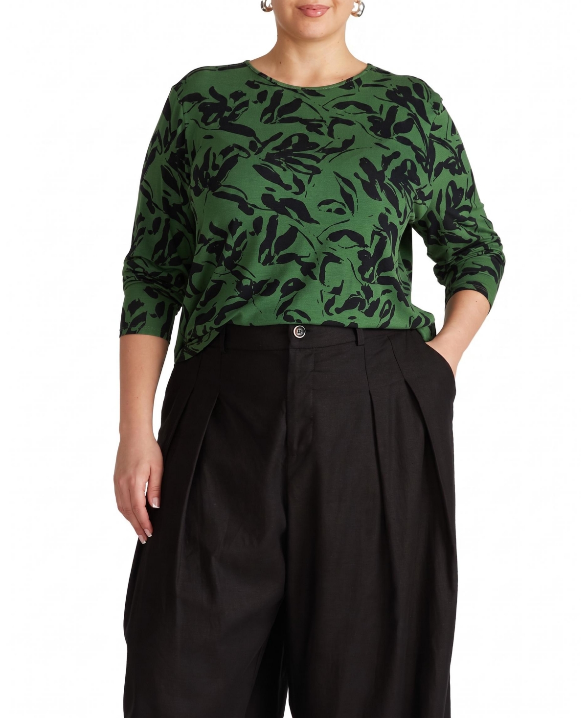 Joan Liquid Jersey Long Sleeve Top - Green Sgraffito Print - M_18-20 / Green Sgraffito Print