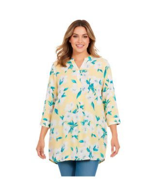 Plus Size Floral V-Neck Three-Quarter-Sleeve Tunic Blouse