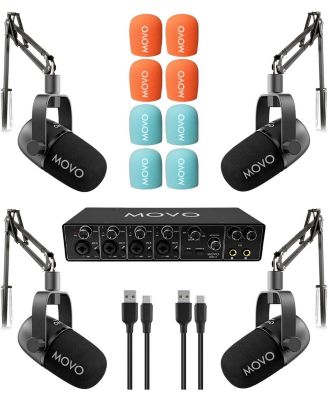 Four Person Podcast Equipment Bundle with 4 Channel USB Audio Interface, 4 CastMic Dynamic Microphones, and 4 Boom Arms